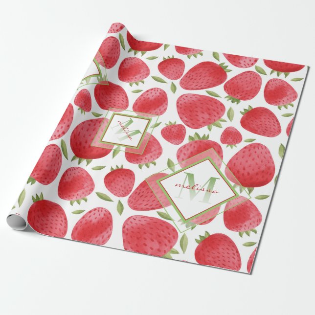 Ombre Monogram + Strawberries Red & Green + Pink Wrapping Paper (Unrolled)