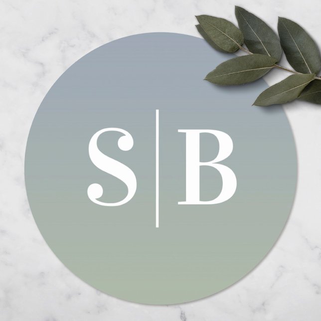 Ombre Monogrammed Dusty Blue & Green Wedding Classic Round Sticker (Creator Uploaded)