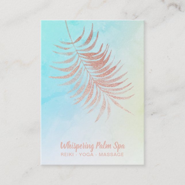 *~*  Ombre Pastel Rose Gold Palm Leaf Turquoise Business Card (Front)
