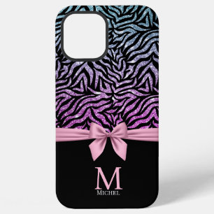 Ombre pink-blue Glitter Zebra Stripes Bow Monogram iPhone 12 Pro Max Case