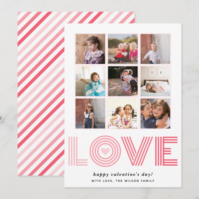 Ombre pink LOVE Valentines Day heart nine photos Holiday Card (Front/Back)