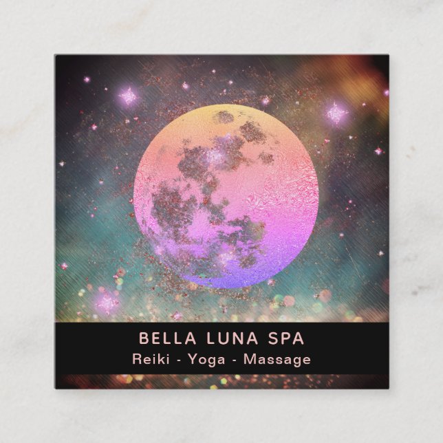 *~* Ombre Pink Peach Gold Moon Stars Square Business Card (Front)