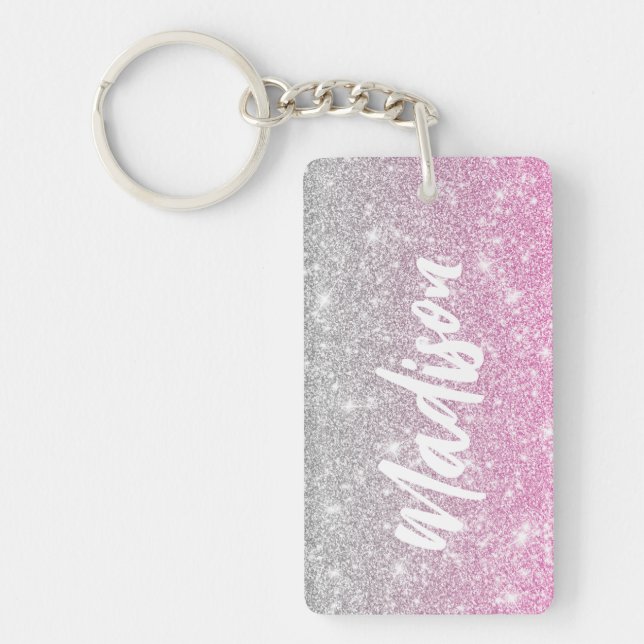 Ombre Pink Silver Glitter Calligraphy Name Key Ring (Front)