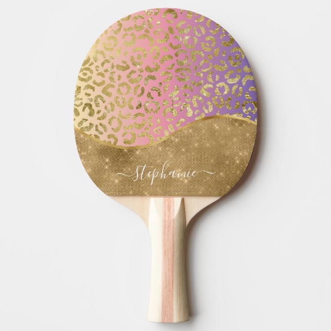 Ombre Purple Pink Gold Leopard Glam Personalised Ping Pong Paddle (Front)
