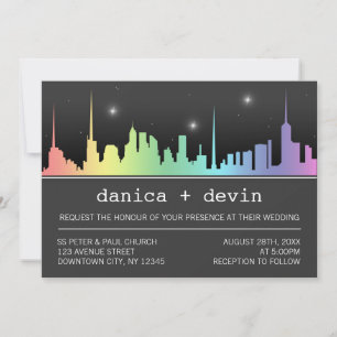 Ombre Rainbow City Skyline Wedding Invitations