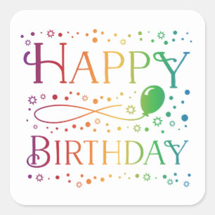 Ombre Rainbow Confetti and Balloon Happy Birthday Square Sticker