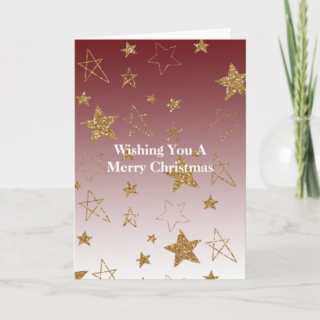 Ombre Red Gold Glitter Stars Christmas Card (Front)