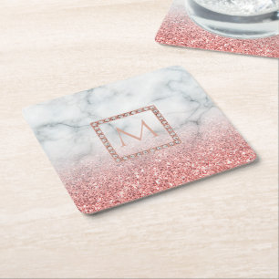 ombre rose gold monogram on marble stone square paper coaster