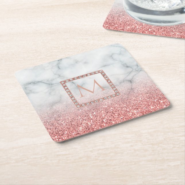 ombre rose gold monogram on marble stone square paper coaster (Angled)