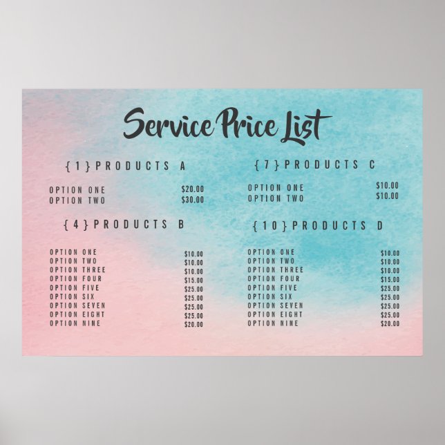 Ombre Service Price Menu Custom Printed Poster (Front)