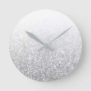 Ombre Silver Sparkly White Blue White Gray Minimal Round Clock
