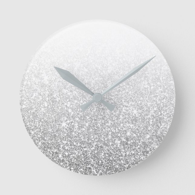 Ombre Silver Sparkly White Blue White Gray Minimal Round Clock (Front)
