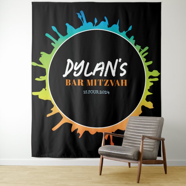 Ombre Splatter Bat Bar Mitzvah Photo-Op Backdrop Tapestry (In Situ)