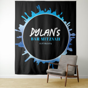 Ombre Splatter Blue Bar Mitzvah Photo-Op Backdrop Tapestry