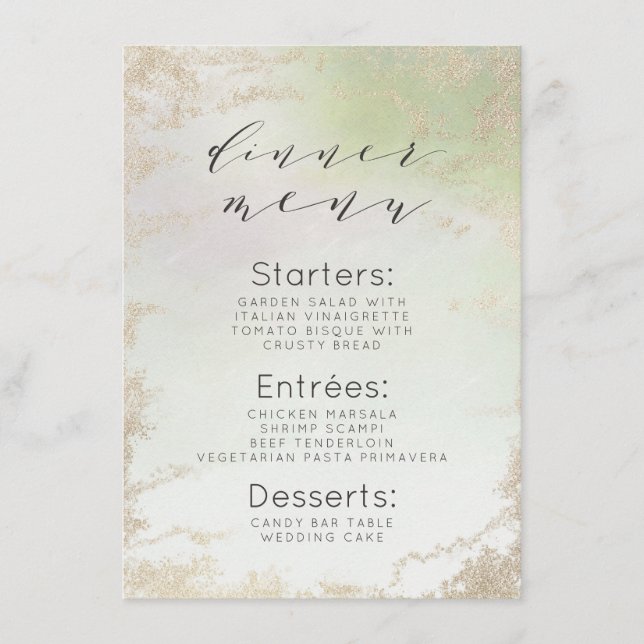 Ombre Spring Green Gold Foil Frosted Chic Dinner Menu (Front)