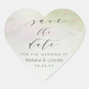 Ombre Spring Green Gold Foil Frosted Save the Date Heart Sticker