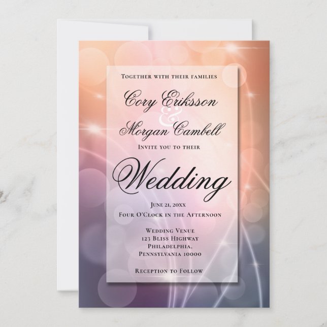 Ombre Sunset Colour Modern Bokeh Lights Wedding Announcement (Front)