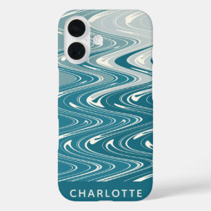 Ombre Teal Blue Abstract Waves Personalised iPhone 16 Case