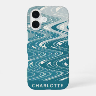 Ombre Teal Blue Abstract Waves Personalised iPhone 16 Case