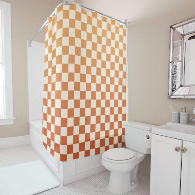 Ombre terracotta checkers chequered pattern shower curtain (In Situ)