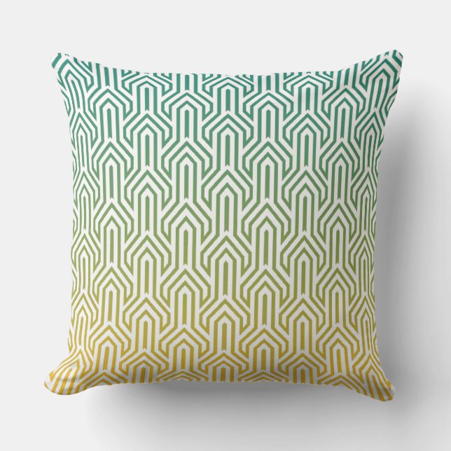 Ombre-themed Turquoise Yellow Art Deco Pattern Cushion (Front)