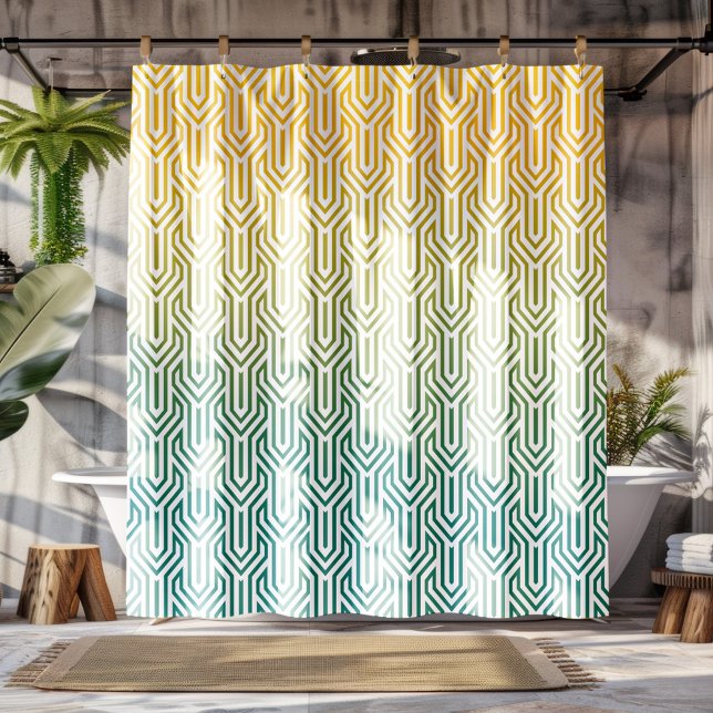 Ombre-themed Turquoise Yellow Art Deco Pattern Shower Curtain (Creator Uploaded)