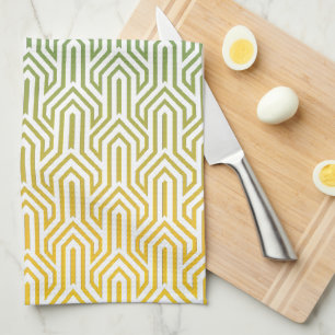 Ombre-themed Turquoise Yellow Art Deco Pattern Tea Towel