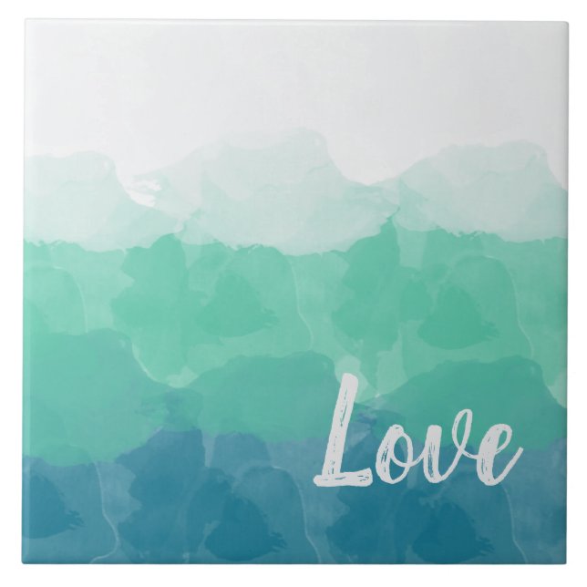Ombre Turquoise Blue and Neo Mint Love Gradient Ceramic Tile (Front)