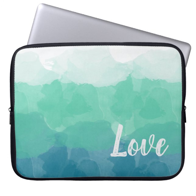 Ombre Turquoise Blue and Neo Mint Love Gradient Laptop Sleeve (Front)