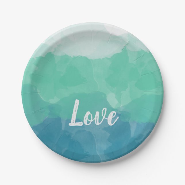 Ombre Turquoise Blue and Neo Mint Love Gradient Paper Plate (Front)