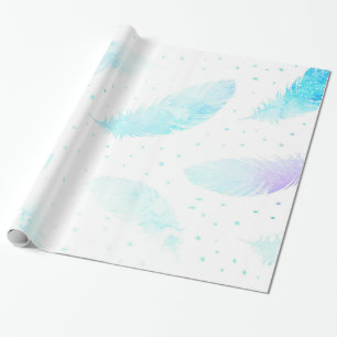 *~* Ombre Turquoise Blue Magenta Feathers on White Wrapping Paper