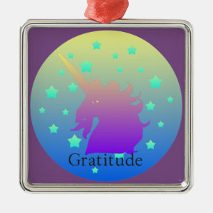 "Ombre unicorn with word gratitude" Ornament. Metal Ornament