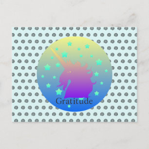 "Ombre unicorn with word gratitude" postcard. Postcard