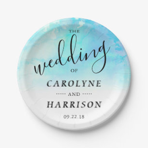 Ombre Watercolor Wedding Paper Plates - Blue