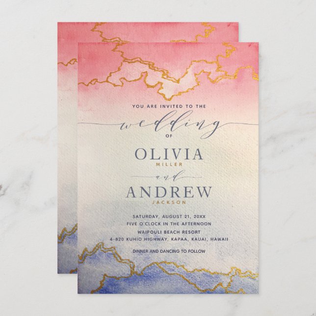 Ombre Watercolor Wedding Pink and Blue Invitation (Front/Back)