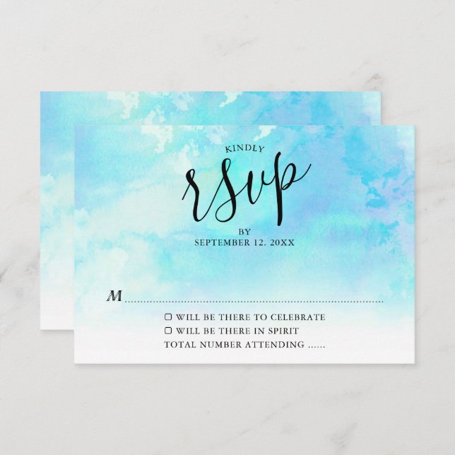Ombre Watercolor Wedding RSVP Card - Blue (Front/Back)