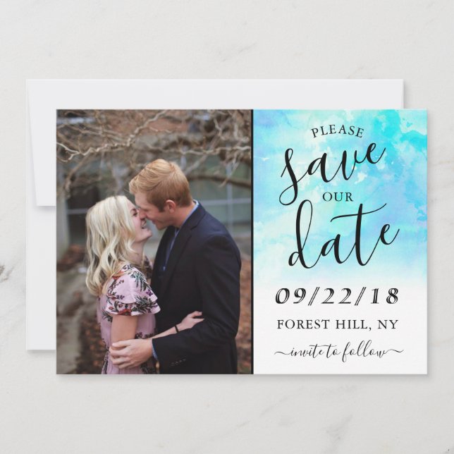 Ombre Watercolor Wedding Save The Date Card - Blue (Front)
