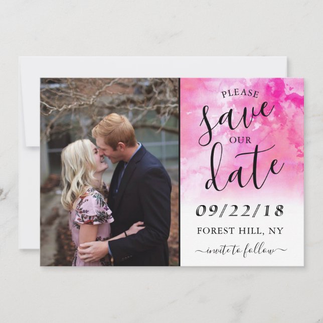 Ombre Watercolor Wedding Save The Date Card - Pink (Front)