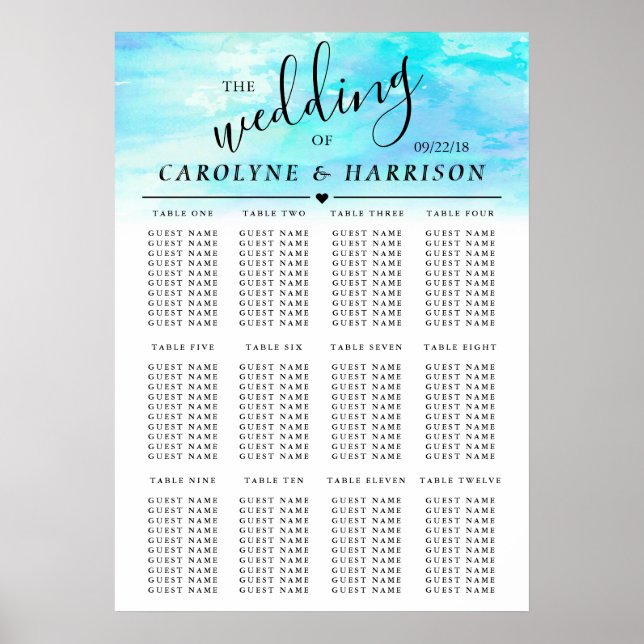Ombre Watercolor Wedding Seating Chart - Blue (Front)