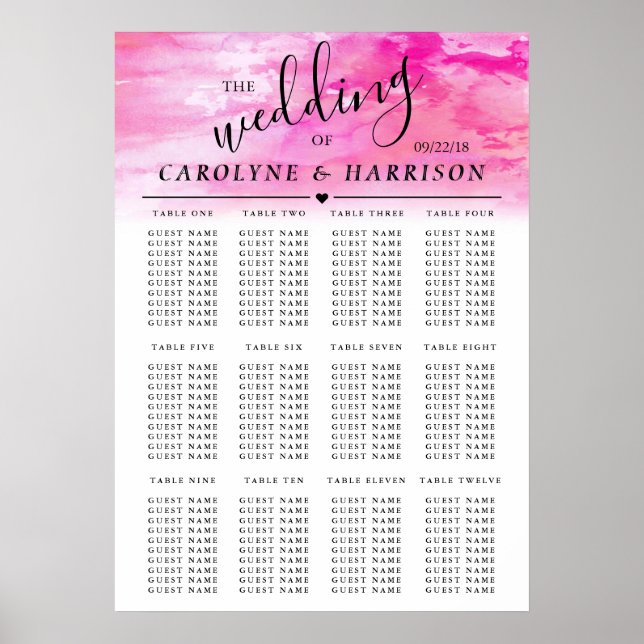 Ombre Watercolor Wedding Seating Chart - Pink (Front)