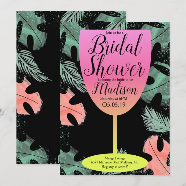 Ombre Wine Glass Tropical Bridal Shower Invitation (Front/Back)