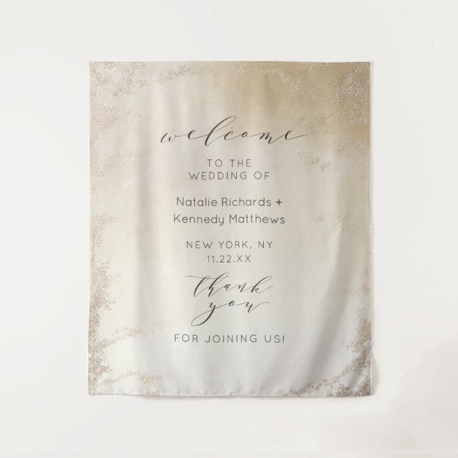 Ombre Yellow Gold Frosted Foil Wedding Welcome Tapestry (Front)
