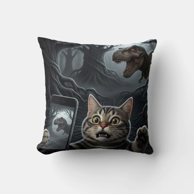 OMG A Dinosaur! Funny Cat Selfie with T-Rex Cushion (Front)