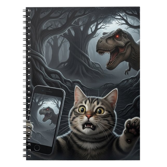 OMG A Dinosaur! Funny Cat Selfie with T-Rex Notebook (Front)
