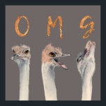 OMG Ostriches Poster<br><div class="desc">This is a watercolor painting of ostriches with transitioning emotions from calm to a meltdown. There are letters on top of each ostriches that reads “OMG” in faux gold foil.</div>