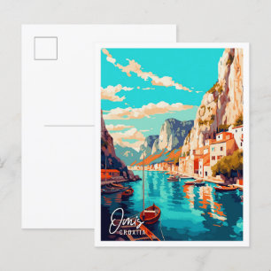 Omis Croatia vintage travel illustration Postcard