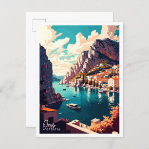 Omis Croatia vintage travel illustration Postcard