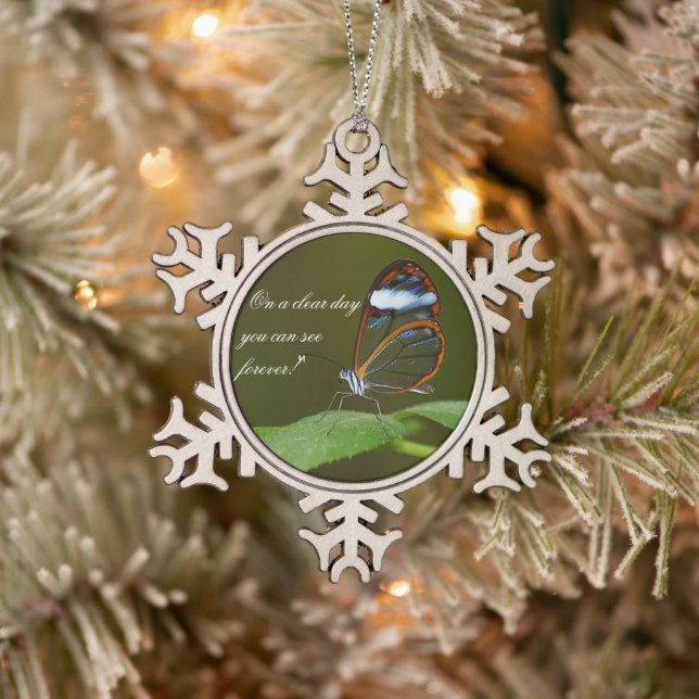 "On a Clear Day" Glasswing Butterfly Design Snowflake Pewter Christmas Ornament (Tree)