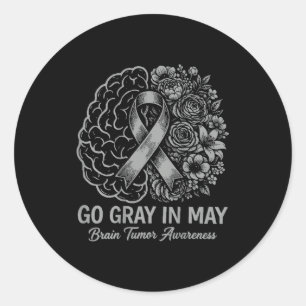 (on back) brain tumour awareness wear grey in may classic round sticker