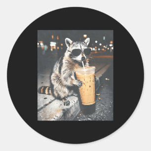 (on back) raccoon drinking iced coffee funny anima classic round sticker